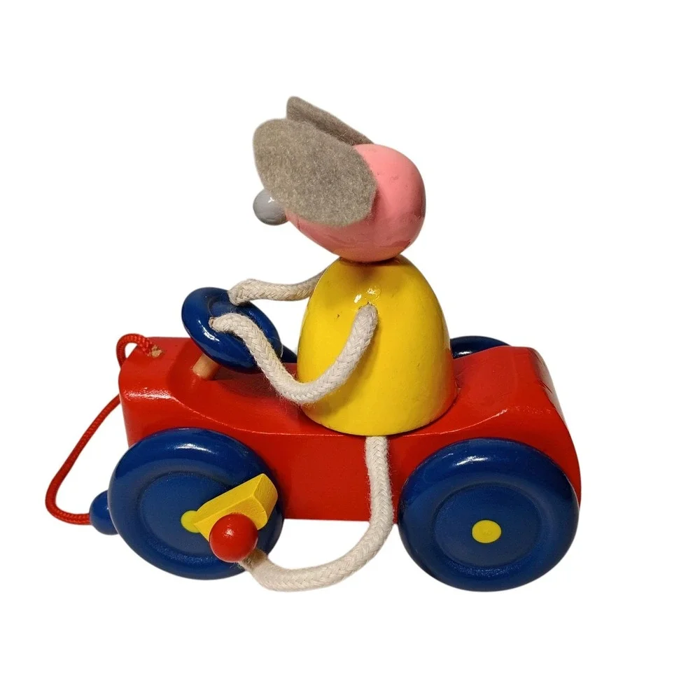 Vintage Toy Pull‎ Along Mouse Wooden Tricycle Bike Colorful Felt Ears